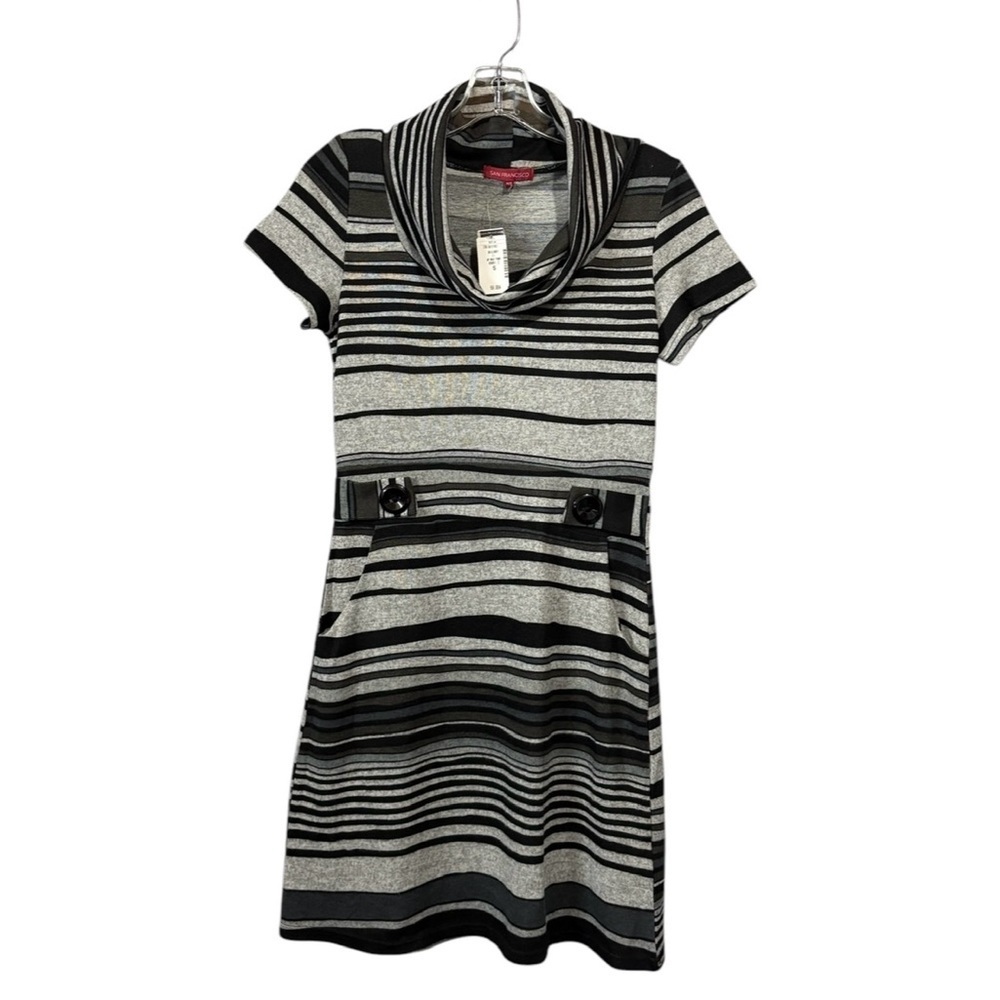 San Francisco, Striped Knit Cowl Neck Dress,  Size Small, Black & Gray - Picture 3 of 8